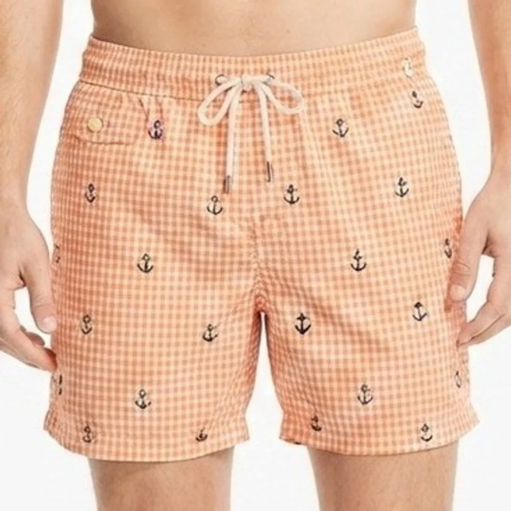 Polo Ralph Lauren Swim Trunks Mens XL Orange Gingham Anchor Embroidered Shorts